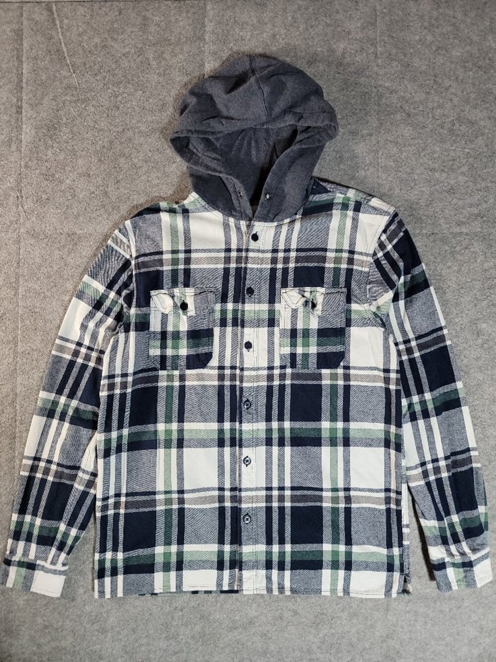 Aéropostale Men's Hooded Plaid Flannel Shirt Navy Green White Size Medium